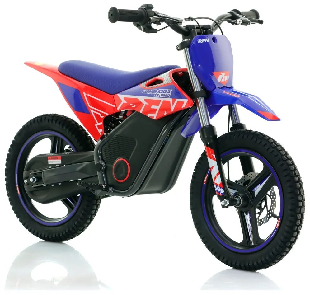 Mini moto elétrica para crianças velocidade até 30Km/h C/Limitador RFN Warrior SX-E350 14/14” 350W Vermelho e Azul Celeste