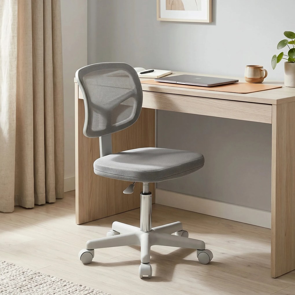 Cadeira de escritório ergonómica sem braços, cadeira giratória de escritório, encosto curvo em malha e Rodas, cinzenta