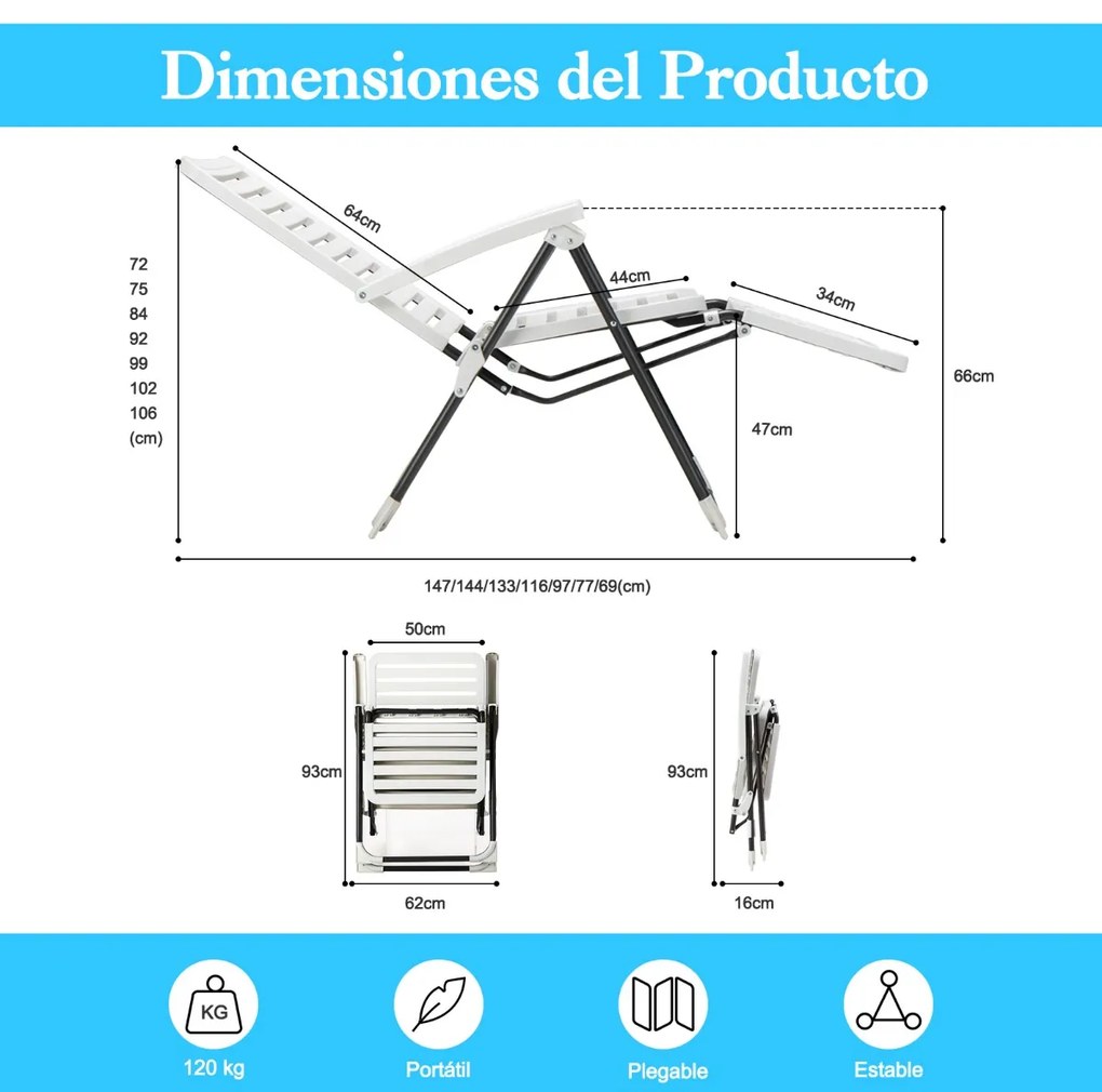 Conjunto de 2 espreguiçadeiras reclináveis dobráveis jardim PP Patio Lounger com encosto de 7 posições e apoio para os pés confortável para jardim pis