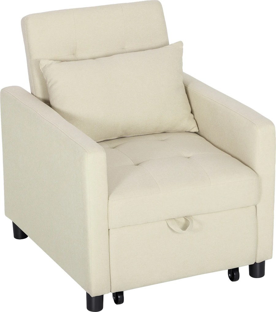 Sofá Cama Individual Poltrona com 4 Rodas Encosto Reclinável Almofada Extra e Assento Acolchoado 69x82,5x84 cm Bege