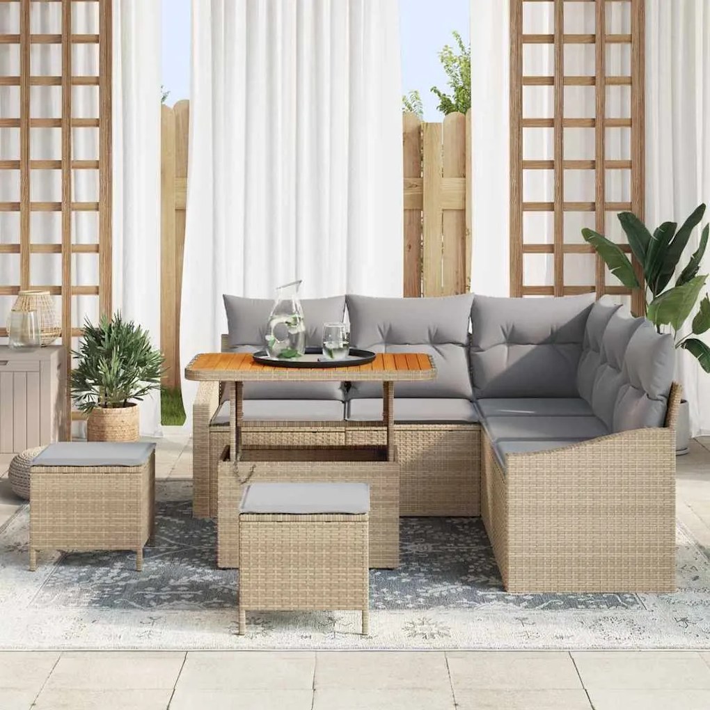 Conjunto de Sofá de Jardim vidaXL 8 Peças com Almofadas Bege Rattan Si
