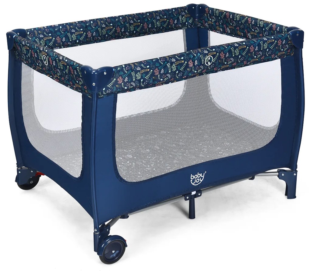 Berço infantil portátil dobrável com 2 rodas com centro de actividade 125 x 65 x 76 cm Azul
