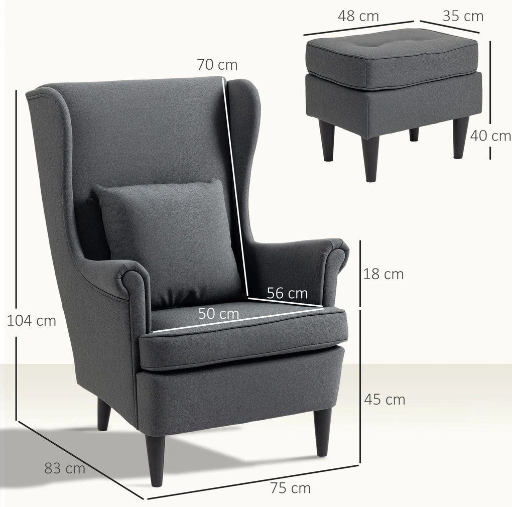 Poltrona com Apoio para Pés Poltrona de Leitura com Encosto Alto Capitonê e Pés de Madeira 75x83x104 cm Cinzento Escuro