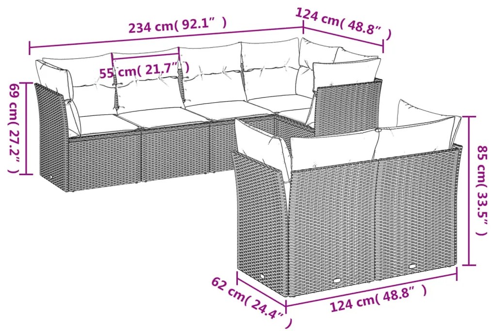 7 pcs conjunto de sofás p/ jardim c/ almofadões vime PE preto