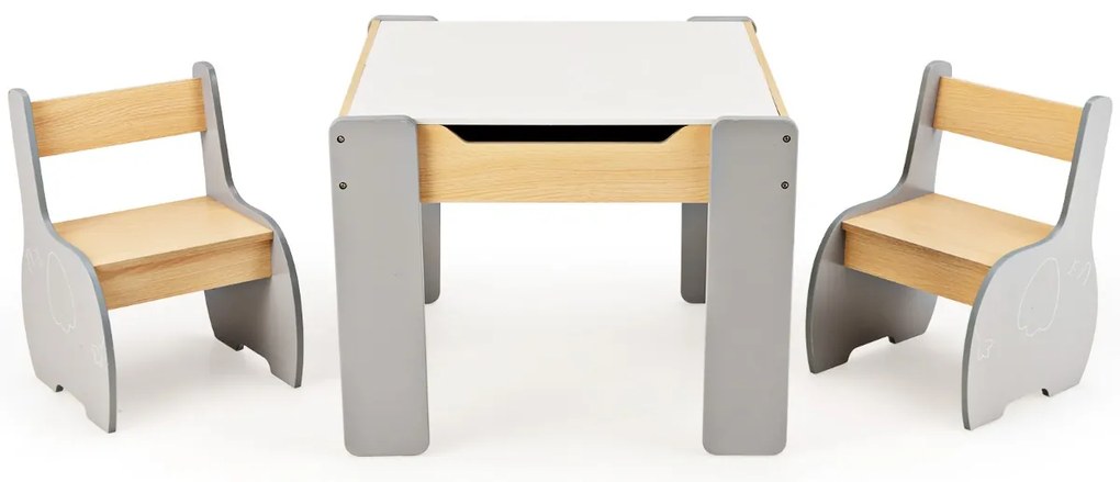 Mesa e cadeiras de madeira para atividades infantis 4 em 1 com armazenamento e quadro-negro removível - cinza