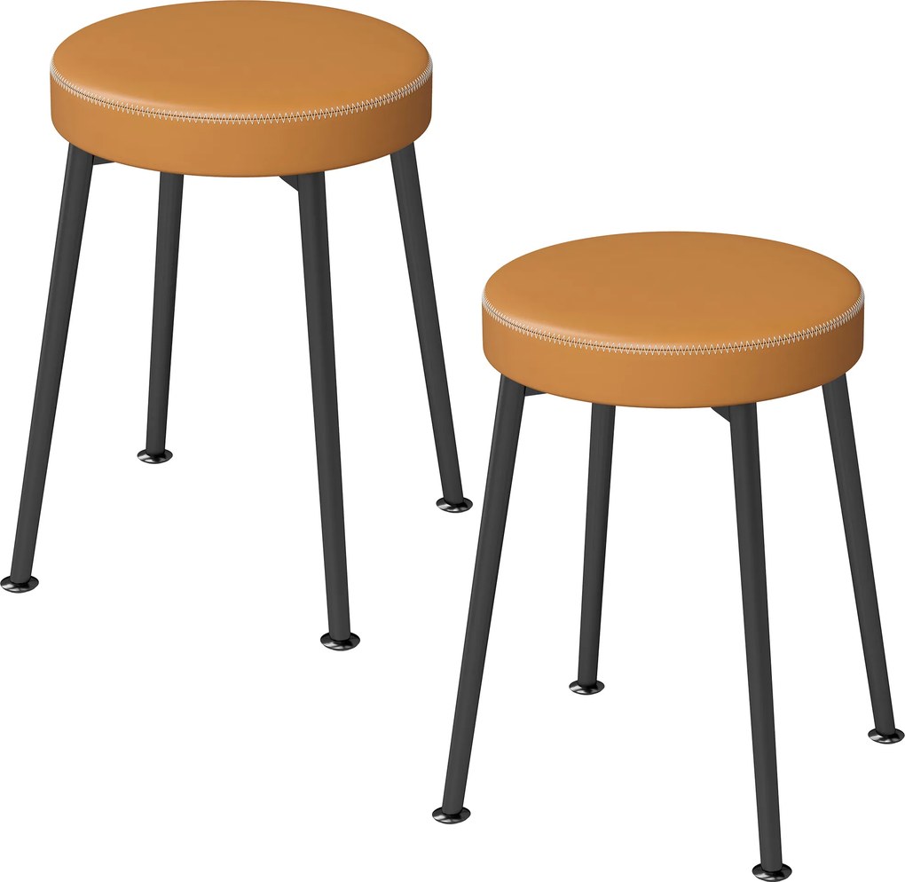 Conjunto de 2 banco redondos de sala de jantar, empilháveis com assento estofado em PU, castanho e preto