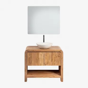 Conjunto De Móvel De Casa De Banho Em Madeira Vacry Castanho Acácia & Cimento Redondo Branco Ø40 Cm Zavion & Led Retangular E Anti-embaciamento 80x70