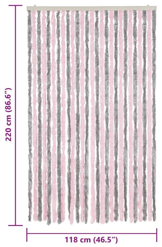 Cortina anti-insetos 118x220 cm chenille cinza prateado e rosa