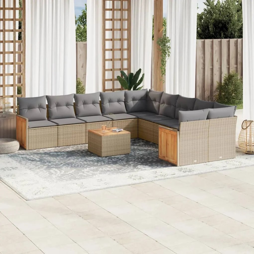 11 pcs conjunto sofás de jardim c/ almofadões vime PE bege