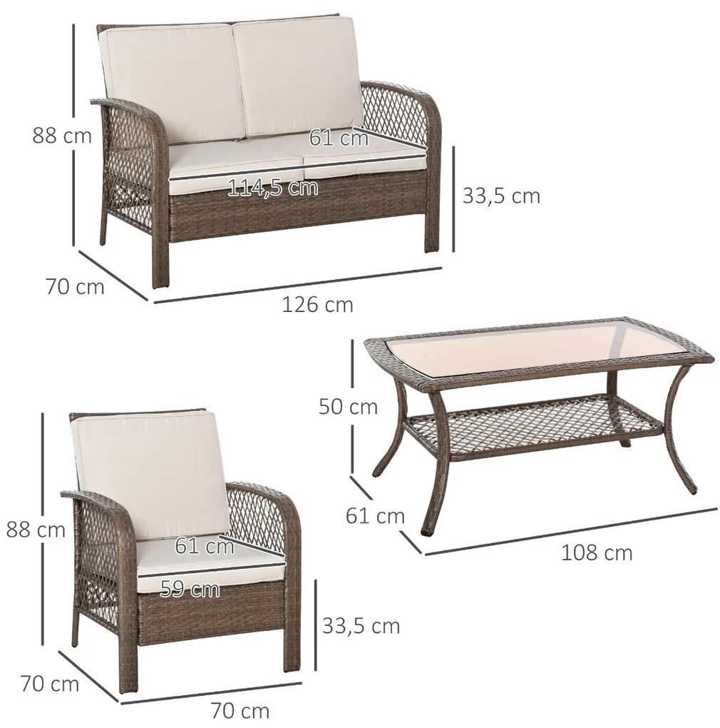 Conjunto de 4 móveis de jardim de vime PE Poltrona, sofá duplo e mesa de centro com almofadas laváveis para terraço ao ar livre, marrom e cáqui