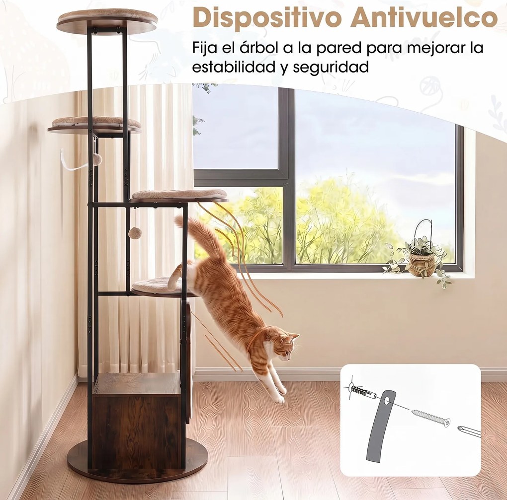 Árvore para Gatos Altura: 183 com Abrigo e Arranhador, Vários Níveis, Castanho