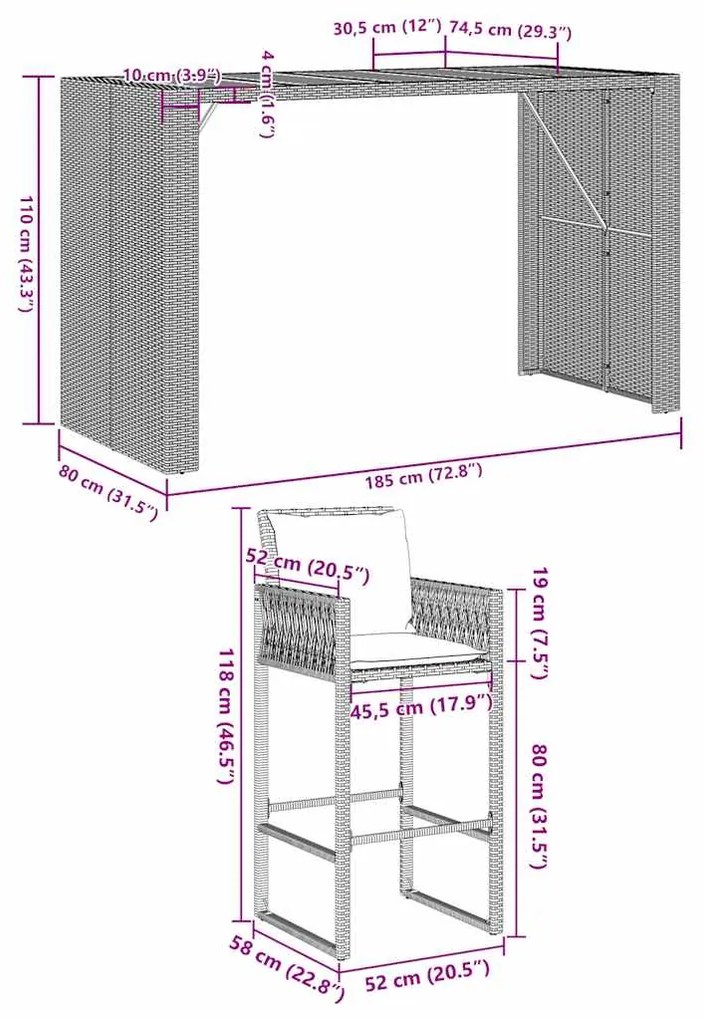 5 pcs conjunto de bar jardim c/ almofadões vime PE/acácia preto