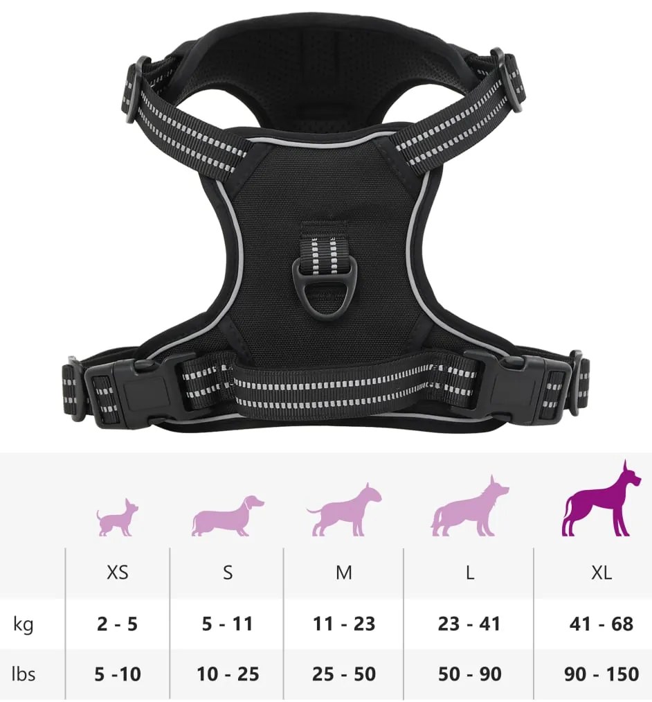 Peitoral para cães com faixas refletoras ajustável XL preto