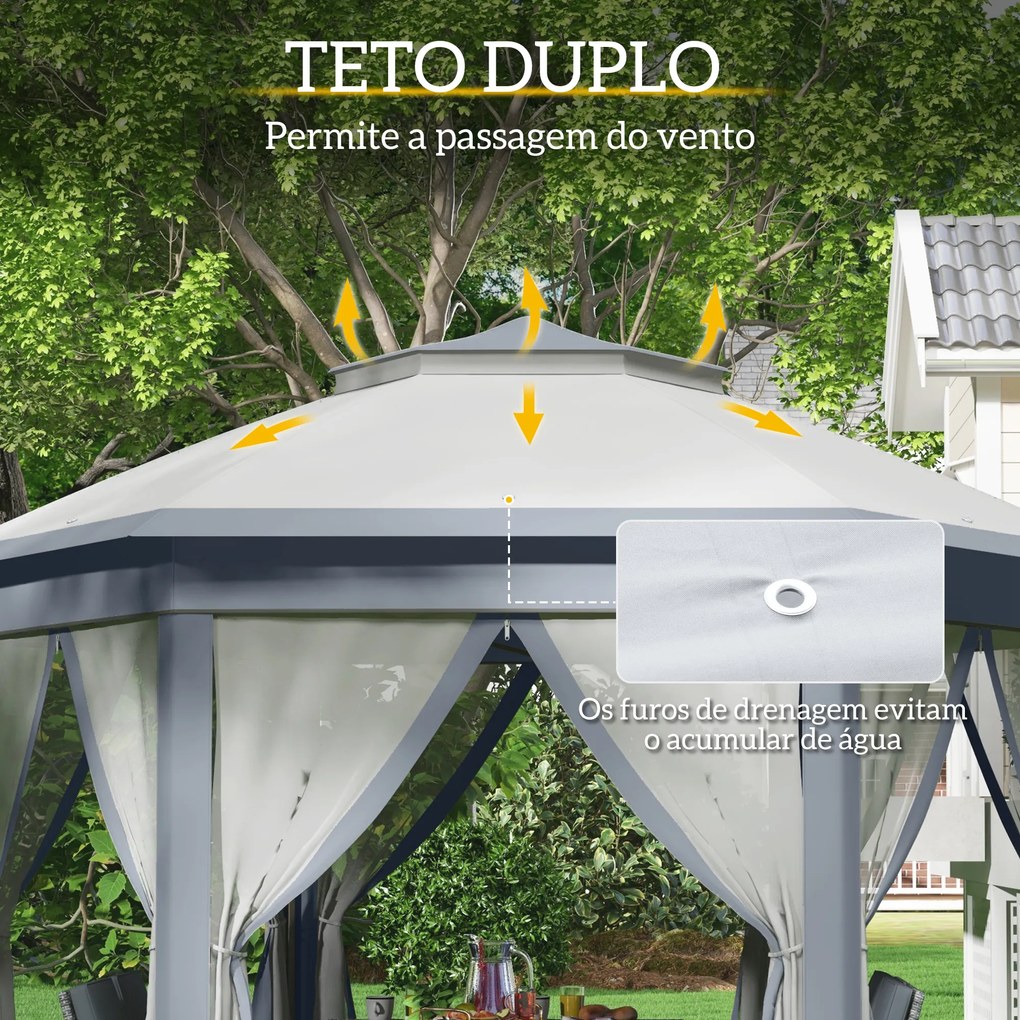 Tenda Dobrável 4x3,4 m Tenda de Jardim Hexagonal com Duplo Tecto 6 Mosquiteiras Destacáveis e Saco de Transporte Cinzento