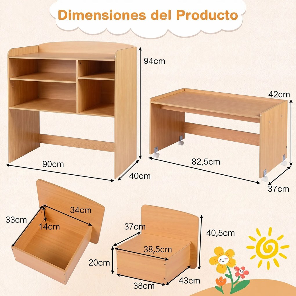 Conjunto Infantil 3 em 1, Armário, Secretária e 2 Cadeiras, 90 x 40 x 94 cm, Com Prateleiras Ajustáveis, Natural