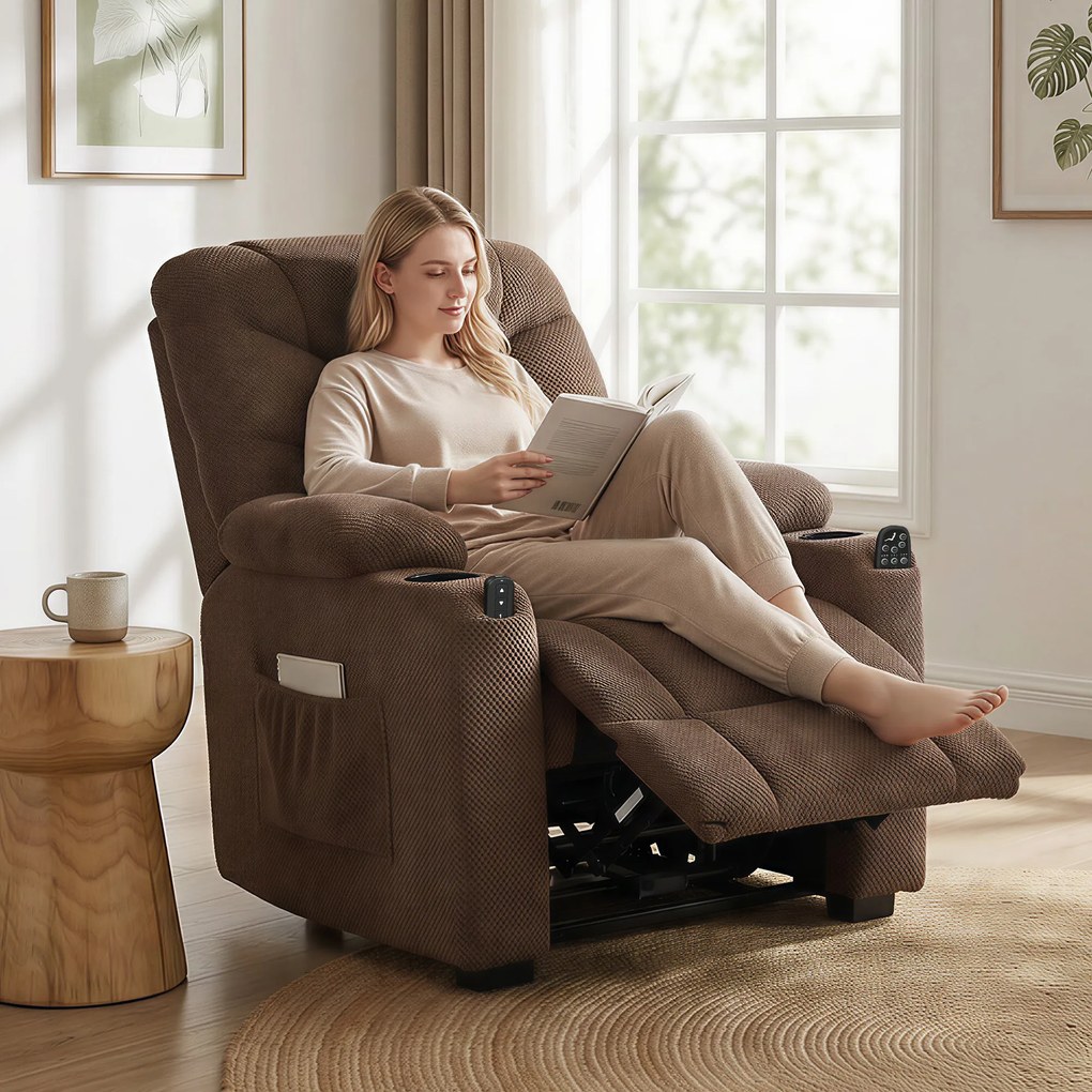 Poltrona Relax Reclinável Elétrico com Calor Lombar Massagem Vibratória Motor Silencioso Função Memória Bolsos e USB Castanho