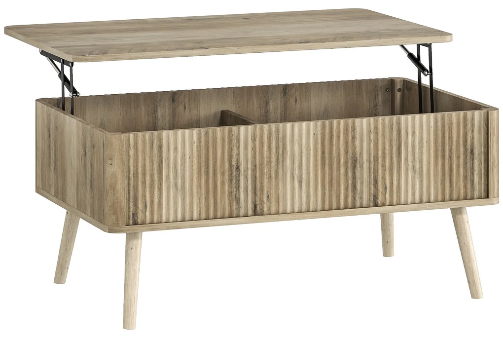 Mesa de Centro Elevatória com Compartimentos Ocultos de Armazenamento e Pés de Pinho 91x56x43 cm cor Carvalho