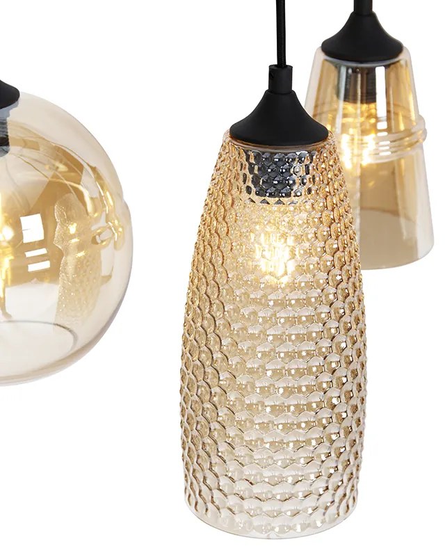 Candeeiro de suspensão Art Deco preto com vidro âmbar 8 luzes - Hanne Art Deco