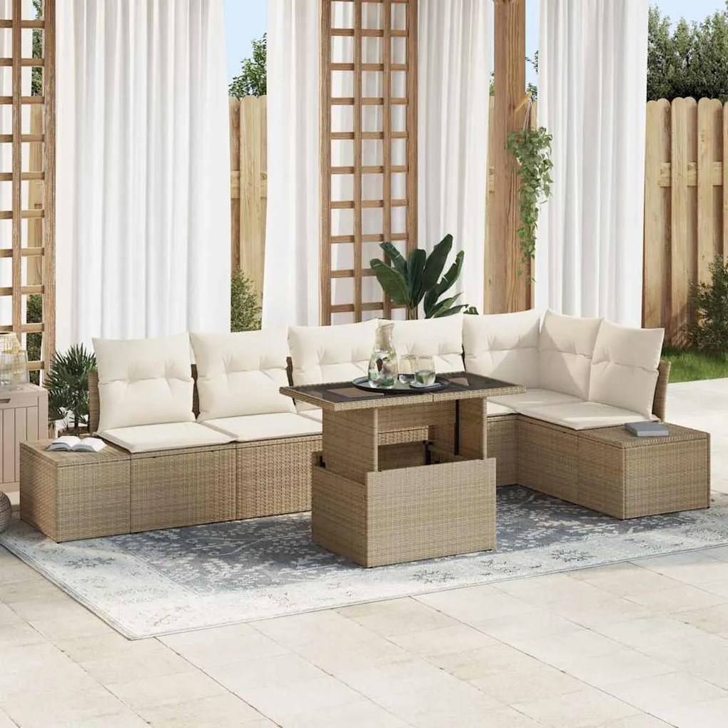 vidaXL Conjunto de sofá de jardim de 7 peças com almofadas bege em rattan rústico