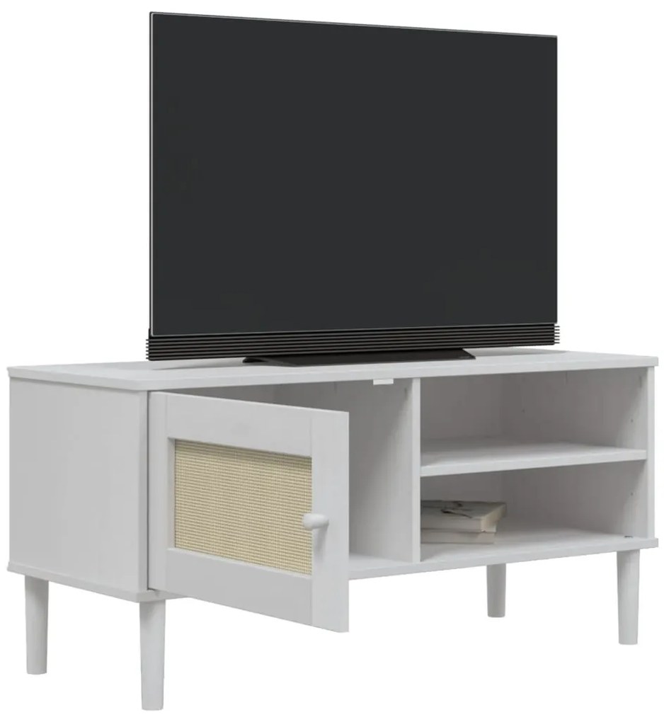 Móvel de TV SENJA aspeto vime 106x40x49 cm pinho maciço branco
