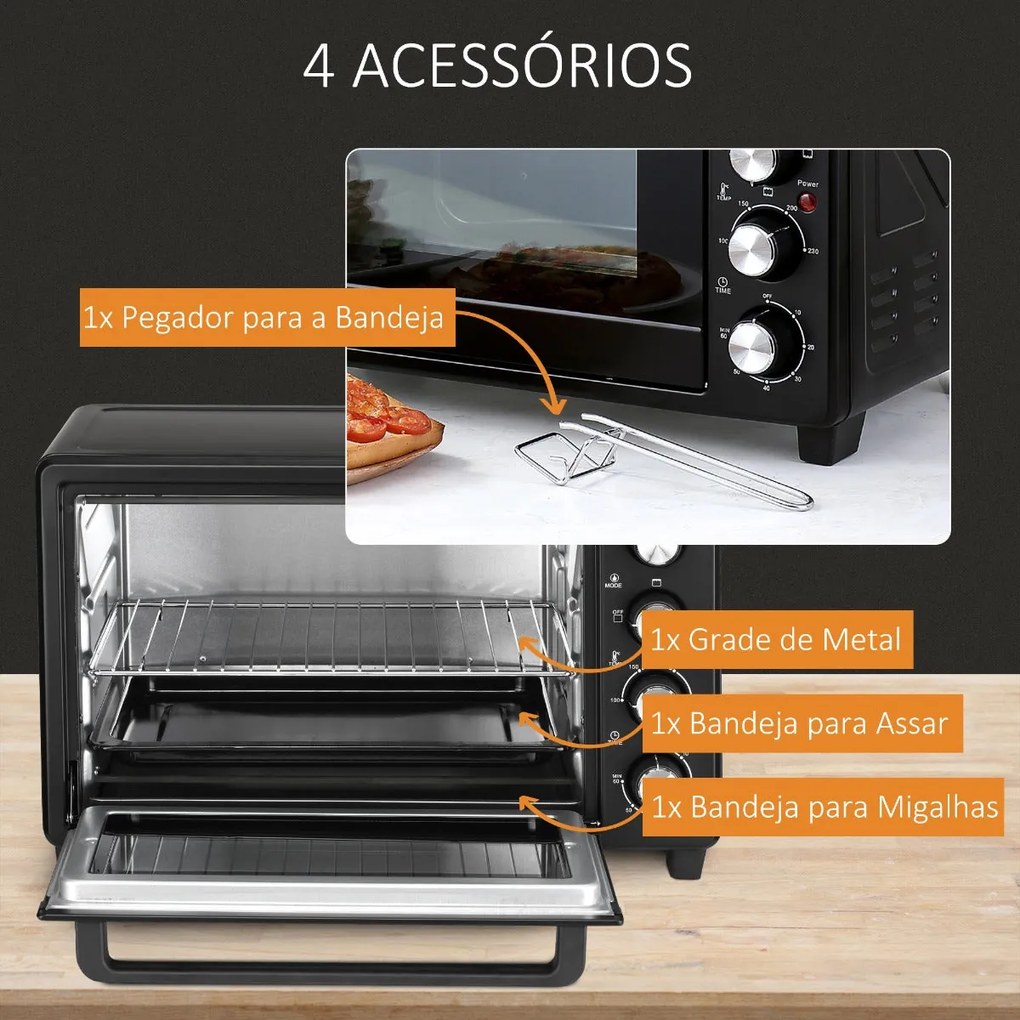 Mini-Forno com 3 Modos de Aquecimento e Temperatura até 230ºC
