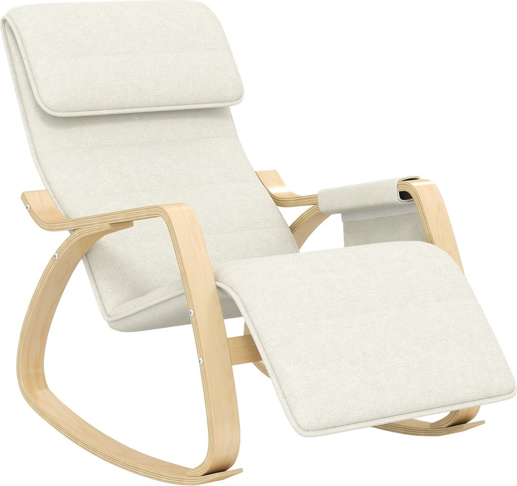 HOMCOM Cadeira de Baloiço com Apoio para os Pés Ajustável em 5 Posições, Bolso Lateral, Apoios de Braços em Madeira e Apoio de Cabeça, Creme | Aosom Portugal