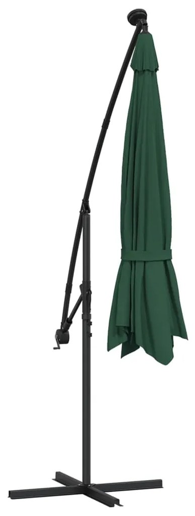 Guarda-sol cantilever c/ luzes LED e poste metal 350 cm verde