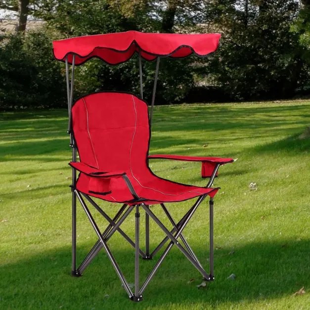 Cadeira de campismo dobrável com toldo para sombra Suporte para copos Cadeira de praia Carga 120 kg 53,5 x 53,5 x 130 cm Vermelho