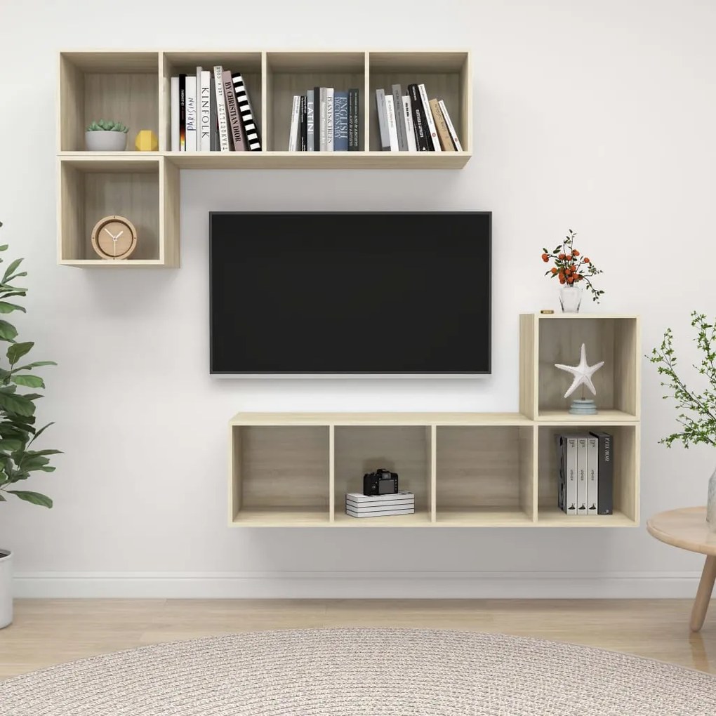4 pcs conjunto móveis de TV derivados madeira carvalho sonoma