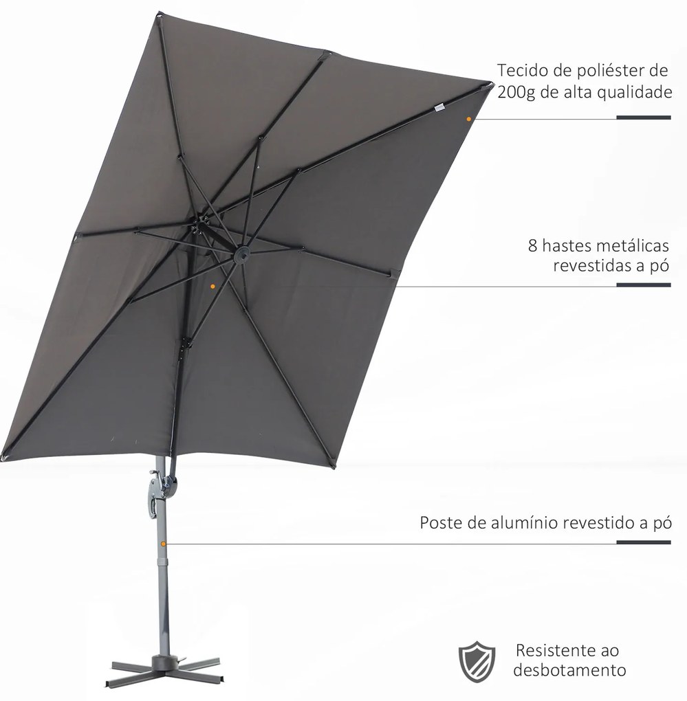 HOMCOM Chapéu de Sol de Jardim 245x245x248cm Chapéu de Sol Excêntrico com Rotação 360° Inclinação de 5 Níveis com Manivela e Ventilação para Pátio Terraço Cinza