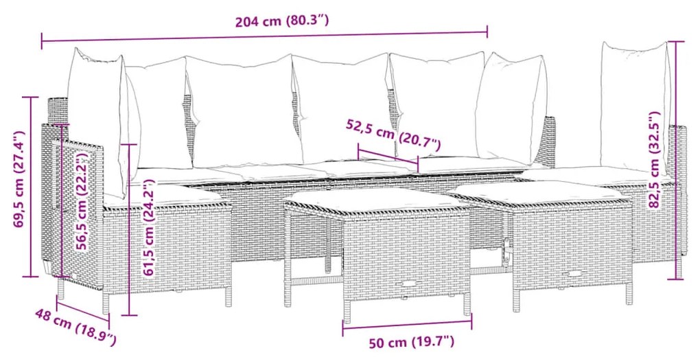 5 pcs conj. sofás jardim c/ almofadões vime PE cinzento-claro