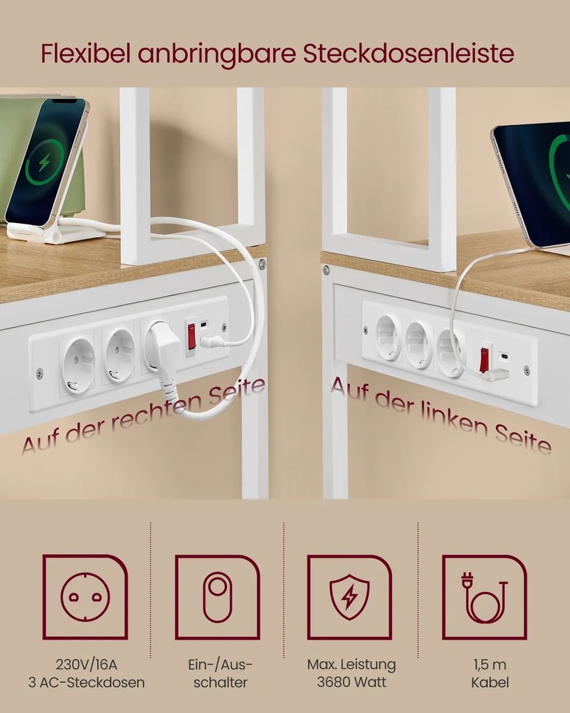 Armário de cozinha com iluminação e 3 tomadas, 1 porta USB-A e 1 porta USB-C 40 x 80 x 168,4 cm Branco e natural