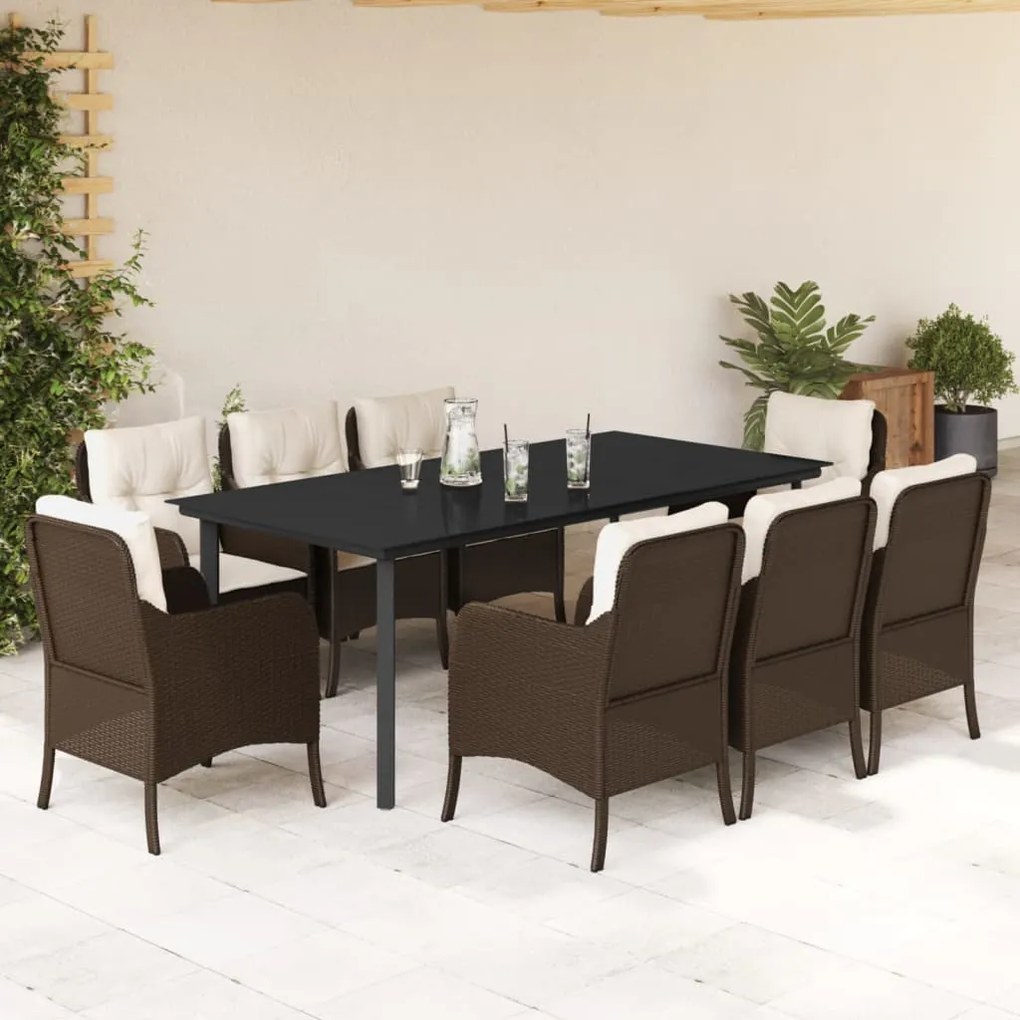 9 pcs conjunto jantar p/ jardim c/ almofadões vime PE castanho
