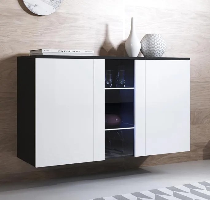 Aparador "Lukis" com Luz LED - 120x70x40 cm - Preto e Branco Brilhante