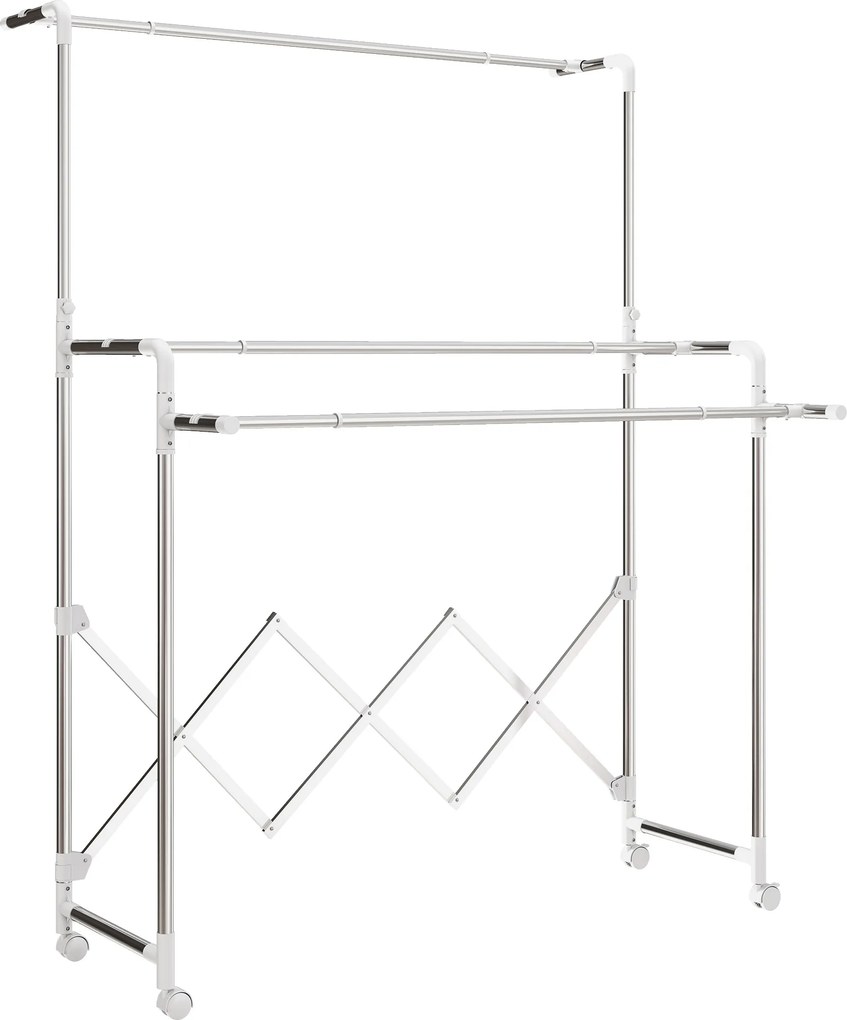 HOMCOM Estendal Vertical Dobrável de 3 Níveis Estendal de Aço Inoxidável com 3 Barras Ajustáveis e Extensíveis 4 Rodas 104-150x103x145-197 cm Prateado | Aosom Portugal