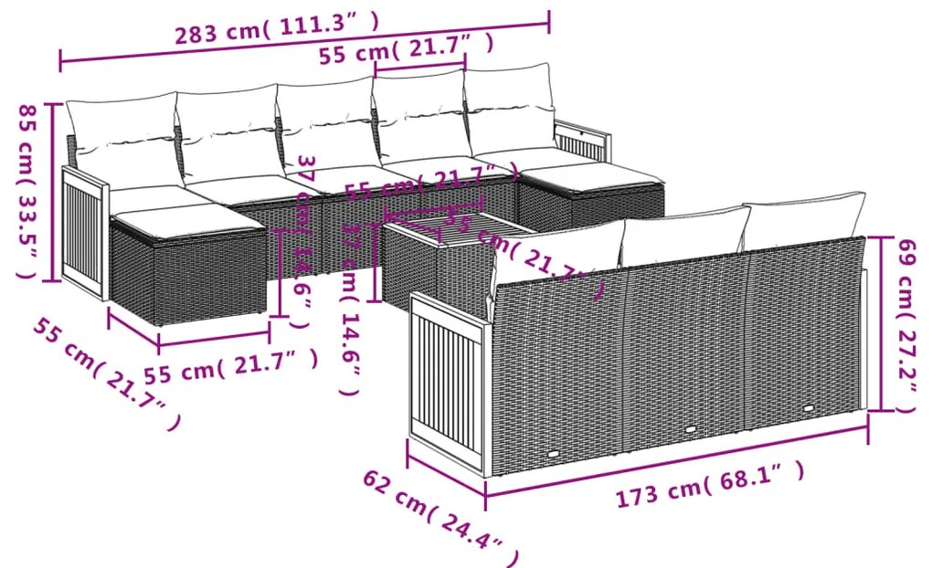 11 pcs conjunto sofás de jardim c/ almofadões vime PE bege