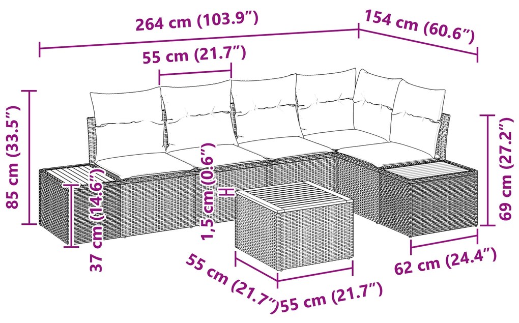 Conjunto de Sofá de Jardim 6 Peças com Almofadas Preto de Rattan Polié