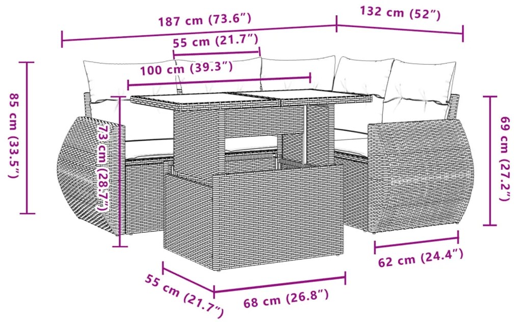 5 pcs conjunto de sofás p/ jardim com almofadões vime PE bege