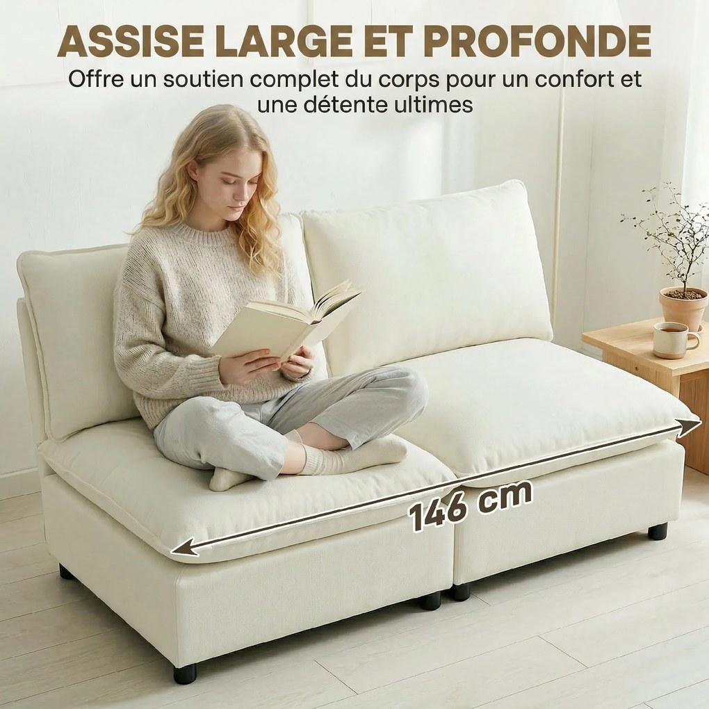 Sofá modular de 2 lugares 146 (C) x 85 (P) x 78 (A) cm, sofá de sala moderno de 146 cm sem braços, com assento largo e almofadas, cor creme
