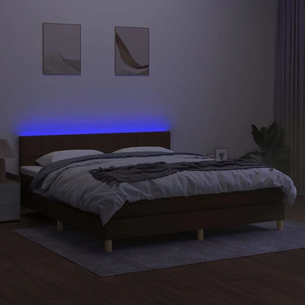 Cama box spring c/ colchão/LED 160x200cm tecido castanho-escuro