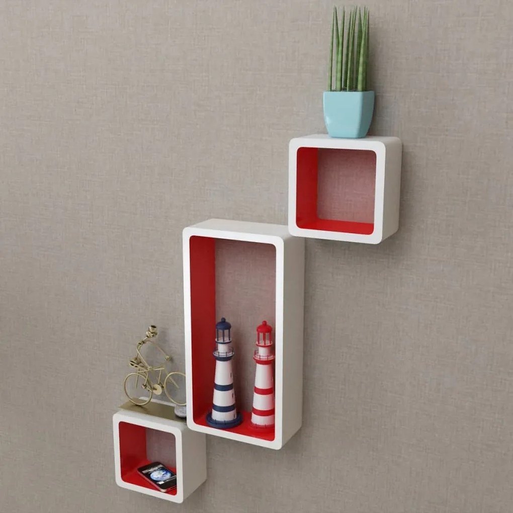 275979 vidaXL Prateleiras de parede cubo 6 pcs branco e vermelho