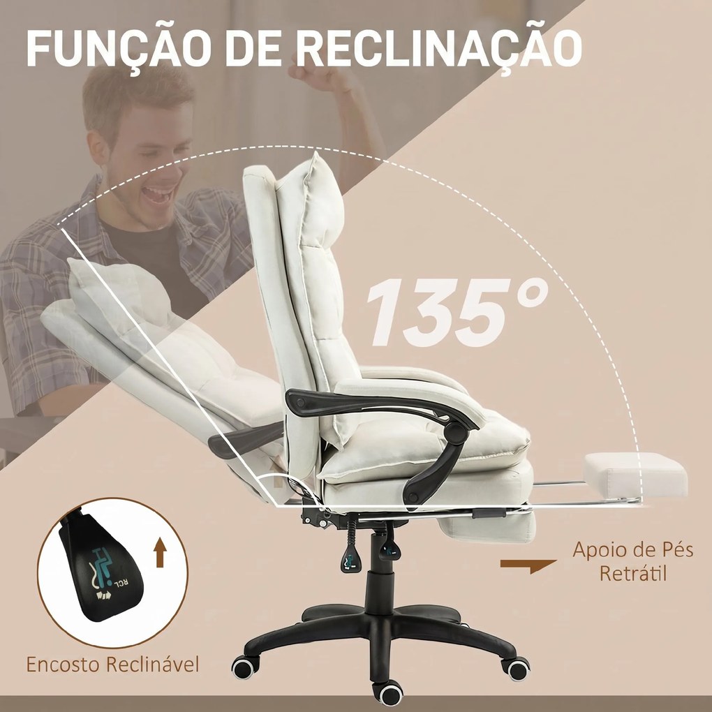 Cadeira de Secretária com Massagem, Altura Ajustável, Encosto Reclinável, Apoio para os Pés e Rotação 360°, Creme
