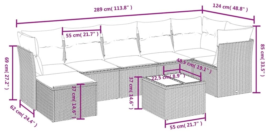 8 pcs conjunto sofás de jardim c/ almofadões vime PE cinzento