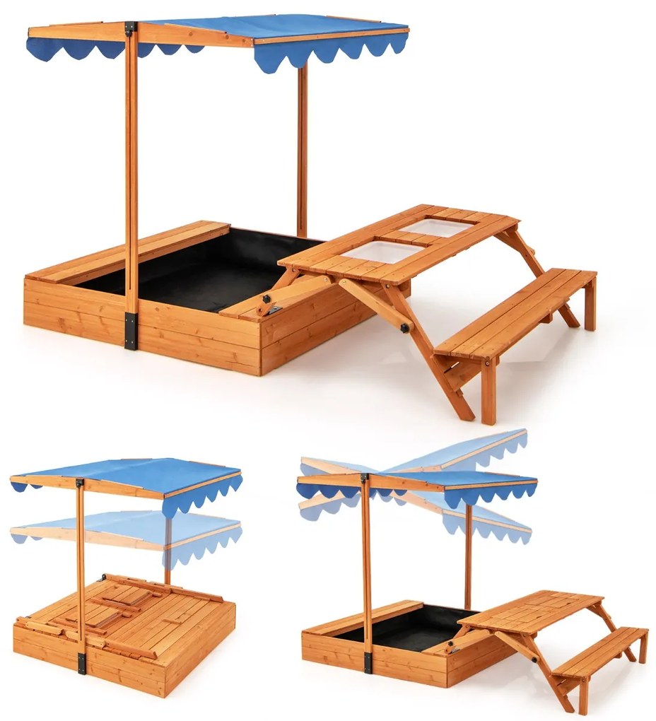 Caixa de areia de madeira para 3+ anos com mesa e banco dobráveis, guarda-sol ajustável e giratório, natural e azul