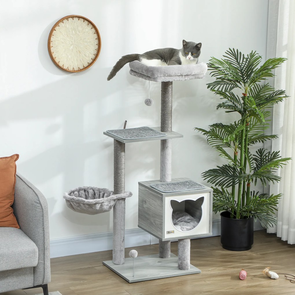 Arranhador para gatos com arranhadores, vários acessórios, casinha, rede, peluche, sisal natural curto, 48x40x126 cm, cinzento