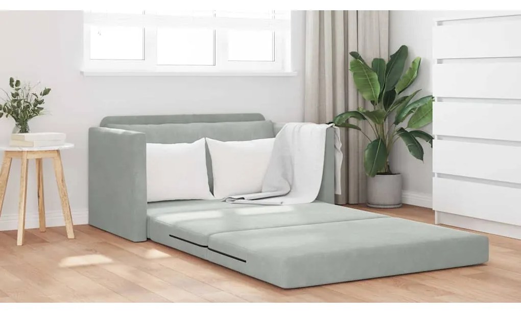 Sofá Cama de Chão 2-em-1 Cinza Claro 124x204x61 cm Veludo