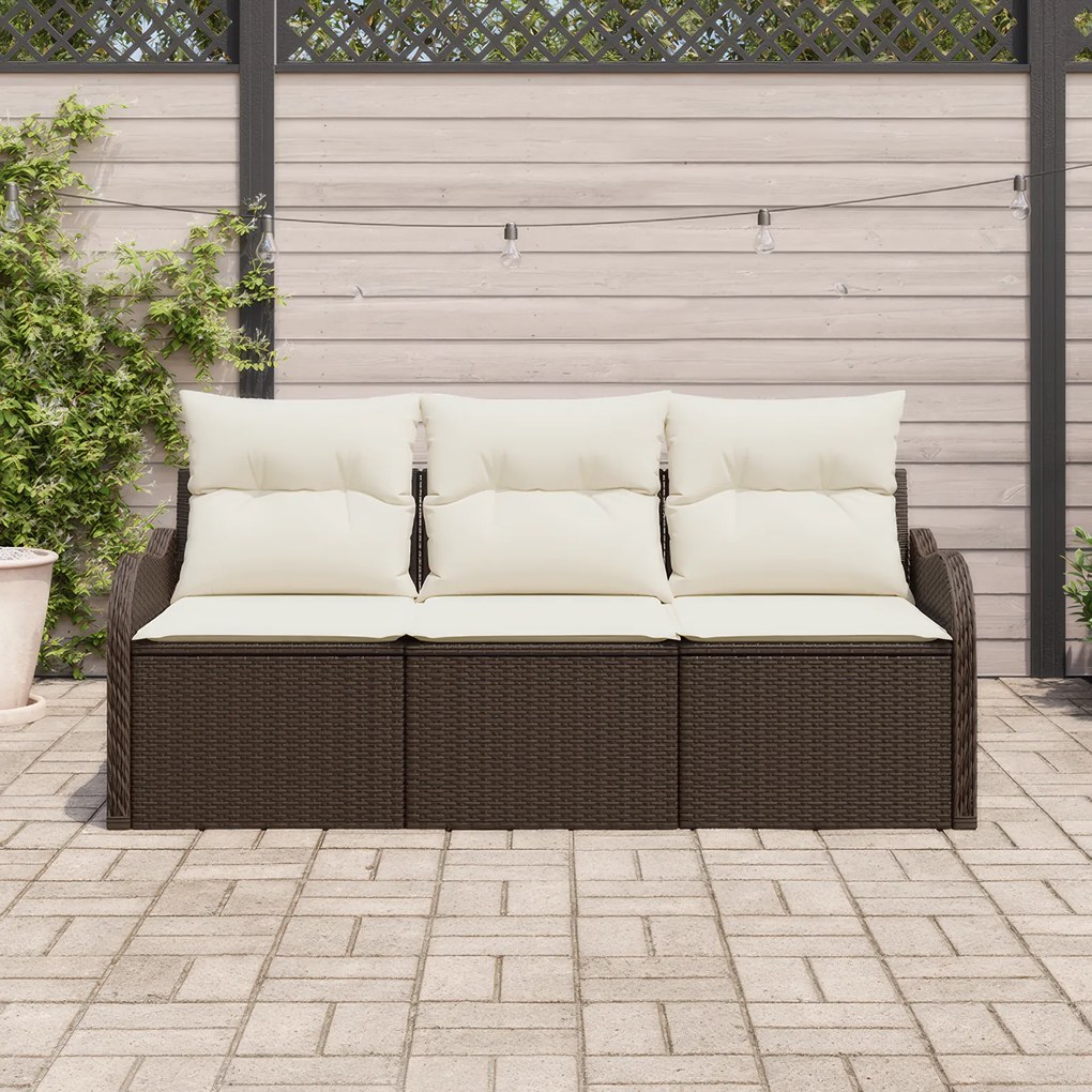 Conjunto de Sofá de Jardim de 3 Peças com Almofadas Marrom Poliratan