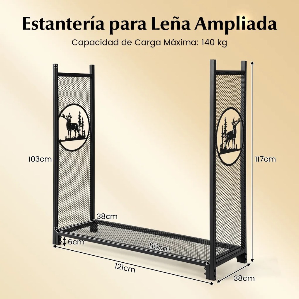 Suporte para lenha de 121 cm com padrões de veados, árvores, laterais em malha e base elevada. Capacidade para 140 kg. Preto.