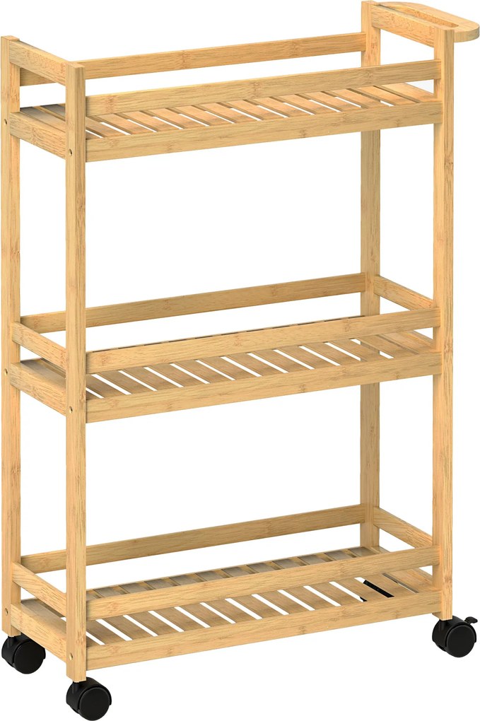 HOMCOM Carrinho de Cozinha Estreito de 3 Níveis com Rodas e Pega para Sala, Casa de Banho, Espaços Pequenos 55x20x75 cm Natural | Aosom Portugal