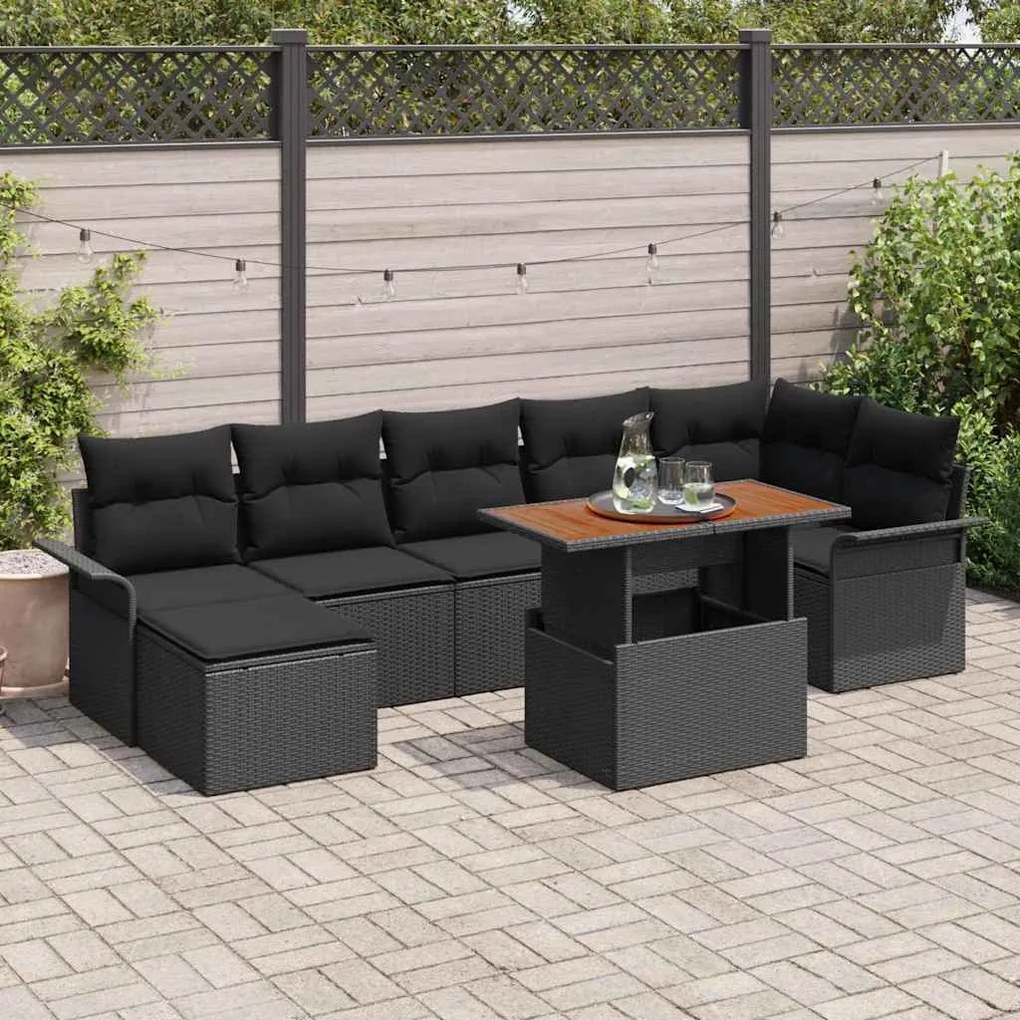 vidaXL Conjunto de Sofá de Jardim com almofada 8 pcs Preto vime PE